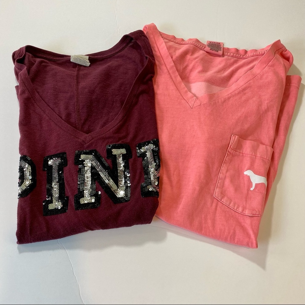 PINK Victoria's Secret Lot of 2 Tees V-neck Burgundy Sequin Coral Sz Medium